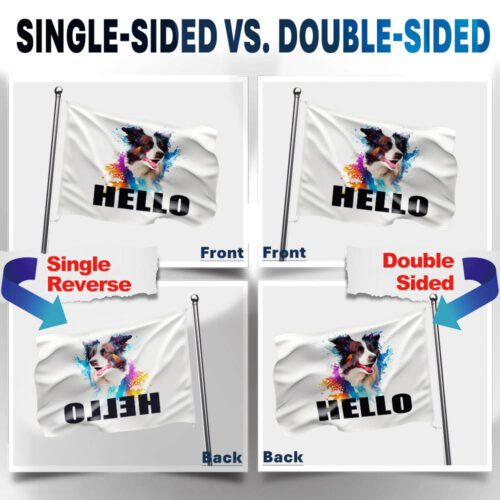 Comparison of single-sided and double-sided custom flags shown outdoors