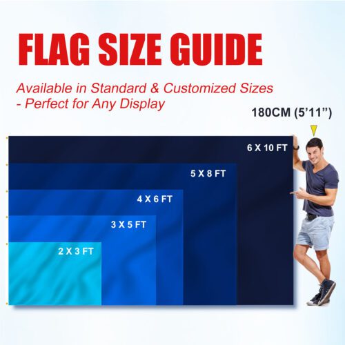 Flag size comparison chart from 2x3 ft to 6x10 ft with a 6ft human height reference for scale